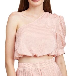 En Saison Pink One-Shoulder Crop Puff Top Sz L